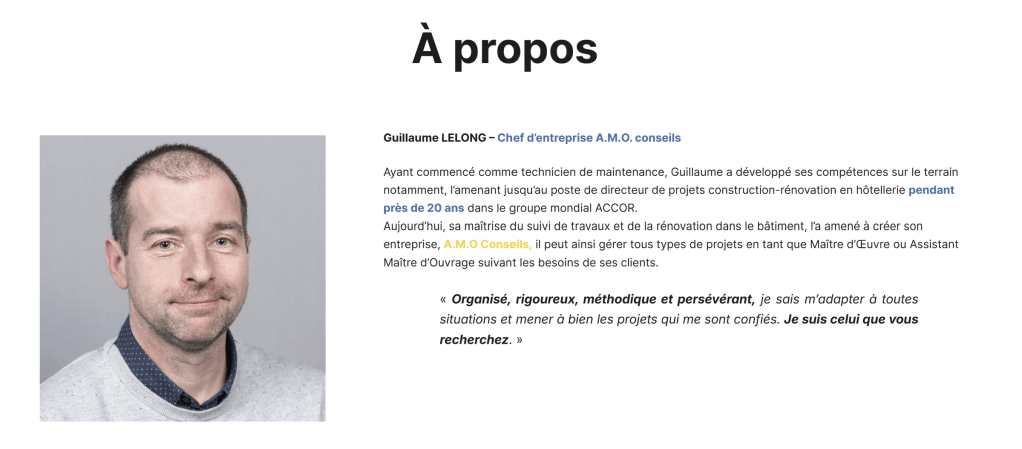 Page À propos du site vitrine AMO Conseils