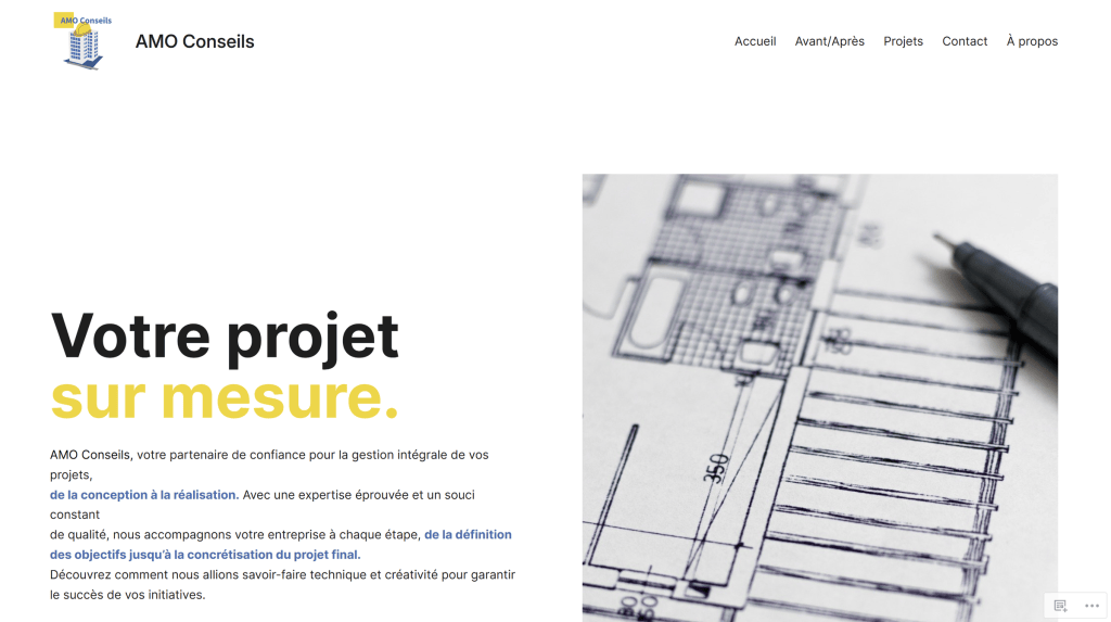 Page d’accueil du site vitrine AMO Conseils réalisé sur WordPress