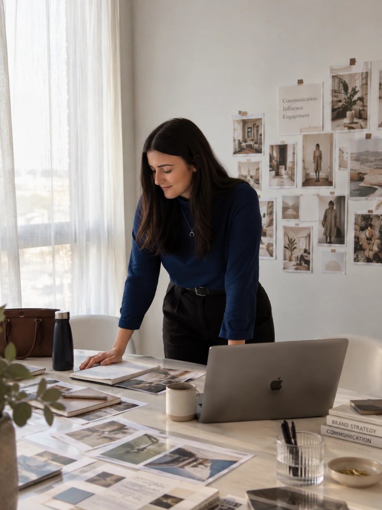 Mathilde Lelong, consultante en communication, travaillant sur un moodboard dans son bureau