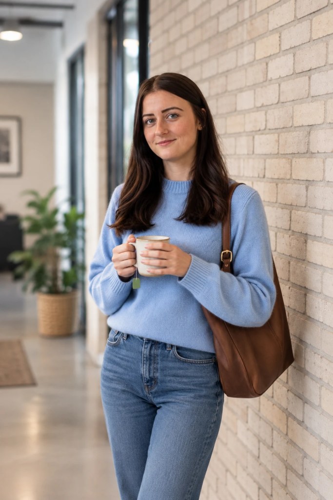 Mathilde Lelong souriante, une tasse de thé à la main